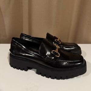 Open Edit Black Lug Sole Loafers Gold Hardware Square‎ Toe Womens Shoes